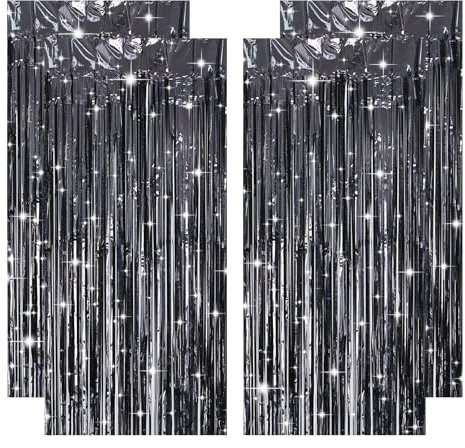 4 Stück Lametta Vorhang Schwarz, Glitzervorhang Lametta Luftschlangen Schwarz Deko für Graduation Halloween Disco Party Zirkus Casino Krimi Dinner Rip 20s Party Feuerwehr Geburtstag(1m x 2m)