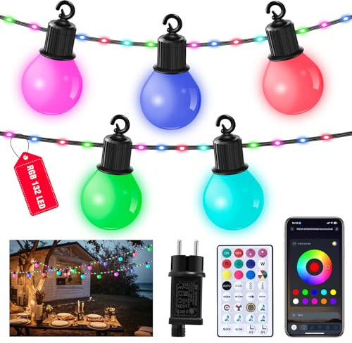 HOUHUI Lichterkette Außen 20M,RGB Outdoor Lichterkette mit Fernbedienung,G40 Dimmbare LED Hängelichter Farbwechselnde,Wasserdicht Weihnachtsbeleuchtung Außen für Hochzeiten, Partys
