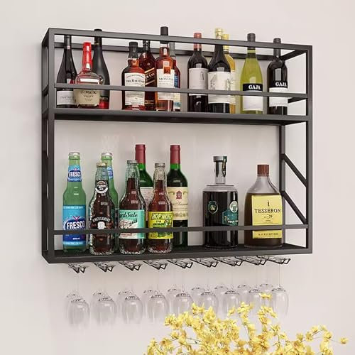 Mur à vin en métal monté avec porte-étages, étagère de bar, étagères murales flottantes avec porte-verre à vin, supports de rangement de vin en fer, casier à vin suspendu, étagères murales pour la