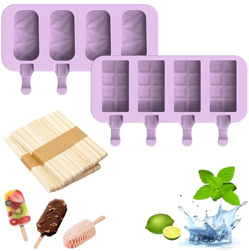 2-Teiliges Silikon Eisform Set mit 100 Holz-Eisstiele für Eis Am Stiel, Hausgemachte Desserts, Kuchen und DIY-Kreationen