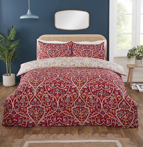 Rapport Home Harrow Microfibre Duvet Cover Set King Size Ruby Red | Luxurious Floral Vintage Damask, Reversible Bedding, Soft, Durable & Easy Care, 3-Piece Design