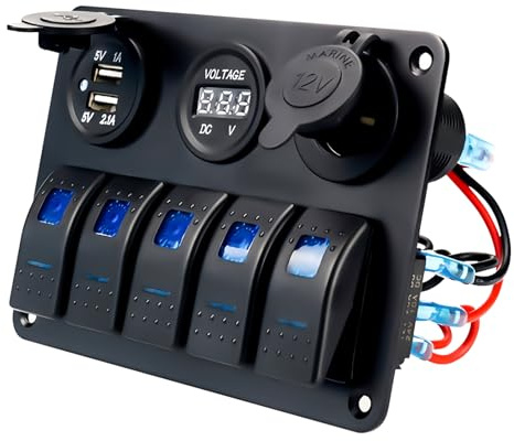 Pannello interruttore marino a 5 vie, 12 V/24 V, IP66, impermeabile, 5 interruttori a bilanciere, doppio USB, voltmetro LED, presa accendisigari, interruttore a levetta per auto, camper, barca, camion