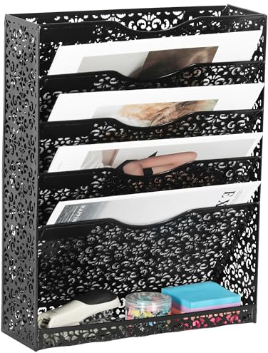 Proaustin Desk File Org Heavy Duty Metal Wall Mount File Holder 5 Tier Mail Paper Folder Holder with Bottom Tray for Office Home Cubicle Countertop, White