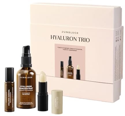 JUNGLÜCK IN A BOX Hyaluron Trio | Hyaluron Set für intensive Feuchtigkeit & strahlende Haut – Hyaluron Konzentrat, Augengel Roll-On & Hyaluron Creme Mittel