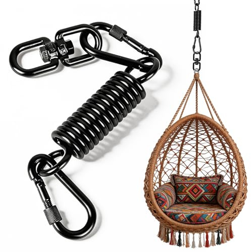 Mattschwarz Schwingfeder für Hängesessel, Stahlfeder 360° Feder Tragfähigkeit bis 250kg, Hängesessel Feder mit Drehwirbel und 2 Karabinerhaken, Hängesessel Aufhängung für Boxsack, Hammock, Yoga