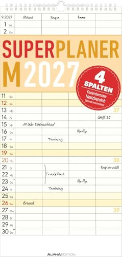 Superplaner M - 4 Spalten 2027: Familienkalender 22x45 cm mit 4 Spalten, Schulferien, Feiertagen & Notizfeld, ideal für Familienorganisation