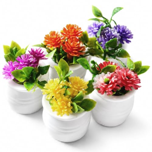 Dollhouse Flowers, 5 Pcs Mini Potted Plants, Realistic Miniature Plants With Leaf & Floral Design – Purple, Bright Red, Orange, Rose Red, Yellow