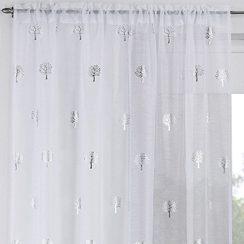 Maple Textiles Stunning Metallic Print Tree Design Sheer Voile Curtain Panel Slot Top Rod Pocket Heading (White Silver, 90 229 cm)
