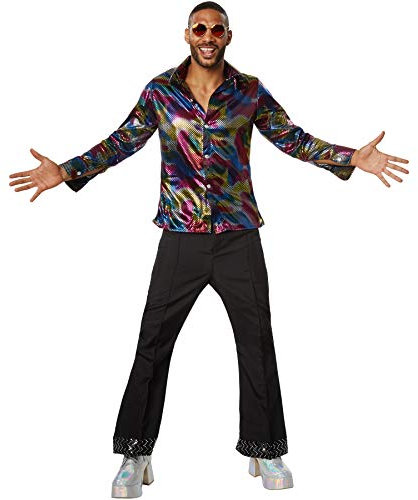 dressforfun 900381 - Herrenkostüm Disco King, Langarmhemd aus Buntem Glanzstoff und Schlaghosen (S | Nr. 302165)