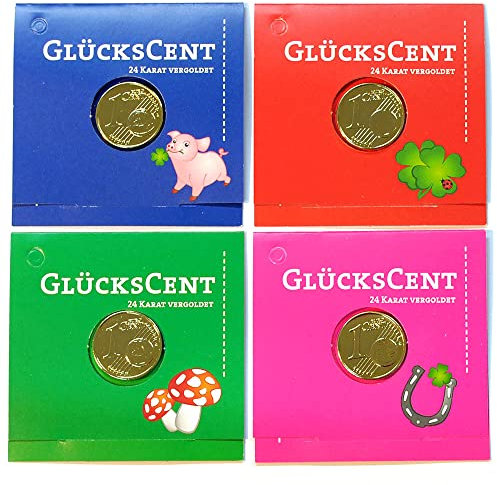 4er Set Glücksbringer Glückscent vergoldet Geschenk für Geburtstag, Weihnachten, Silvester, Neujahr Glücksschwein Glückspilz Kleeblatt Hufeisen