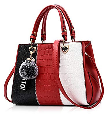 NICOLE & DORIS Damen Handtasche Umhängetasche Henkeltasche Kuriertasche Elegant Damen Handtaschen mit Kaninchen Pelz Kugel Plüsch Schlüsselring Weinrot 1