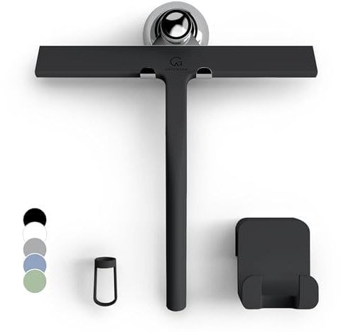 GÜTEWERK Raclette de Douche avec Support - Noir - Largeur : 23 cm - sans perçage - Raclette en Silicone - pour Douche, Salle de Bain, fenêtre - Noyau en Acier Inoxydable - avec Support à Ventouse