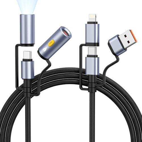 Bextoo Multi USB C Charging Cable 5 in 1-240W Fast Charging Cable USB C to USB C, USB A to Type C, USB C to Lighnting Nylon Universal Charging Cable with Flashlight and Lighter Function - 1.2M