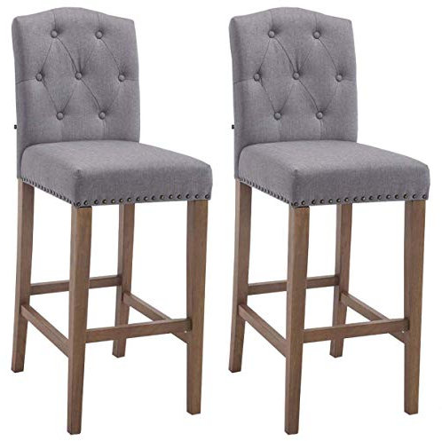 CLP 2er Set Barhocker Louise mit Stoffbezug I Barstuhl aus Holz I Tresenstuhl mit Fußstütze, Farbe:hellgrau, Gestell Farbe:antik-hell