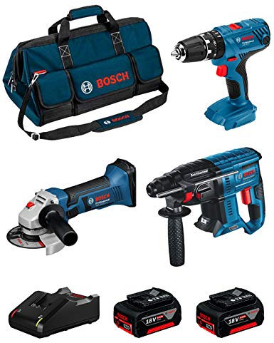 BOSCH Kit 18V BK304BAG (Martello Perforatore GBH 18V-21 + Trapano a Percussione GSB 18V-21 + Smerigliatrice GWS 18-125 V-LI + 2 Batterie di 4,0 Ah + Caricabatterie + Borsa)