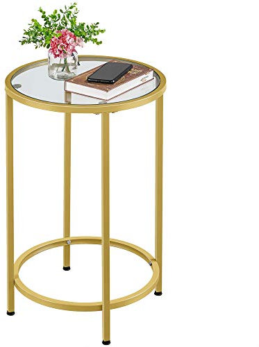 Yaheetech Mesita Auxiliar de Vidrio Templado Mesa Lateral de Cristal para Sofa Redonda Mesita de Noche para Salón Mesa de Café Pequeña Dorado 40,5 x 40,5 x 61 cm