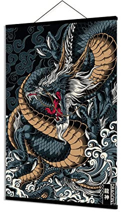 Japanische Dekoration Kunst Drachen Gemälde Wandkunst Leinwand Poster Set mit 1 Drucken schwarz kann aufgehängt werden, magnetischer Holzrahmen (40,6 x 61 cm)