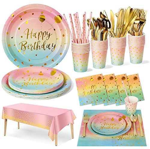 Nkaiso 161pcs Arcen Ciel Or Anniversaire Party Vaisselle,Kit Vaisselles Anniversaire Assiette Dîner Papier Tasse Serviette, Enfants Party Fête Mariages Baby Shower Noël, 20 invités