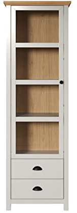 trendteam smart living - Landside - Vitrine - Hellgrau/Eiche - Standvitrine im Landhausstil - (BxHxT) 65 x 201 x 41 - elegante Knopf- und Muschelgriffe - 4 Fächer und 2 Schubladen - kratzfest