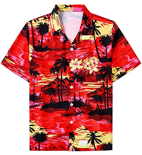 SANGTREE Boys & Men's Hawaiian Shirt Short Sleeve Button Down Shirts,2 Years - 2XL, Hawaiian red, 9-10 Years