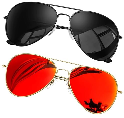 KANASTAL 2er Set Groß Polarisiert Sonnenbrille Herren Damen Verspiegelt mit Premium Metallrahmen UV400 Schutz, Matt Schwarz Rahmen Schwarz Gläser und Gold Rahmen Orange Rot Gläser