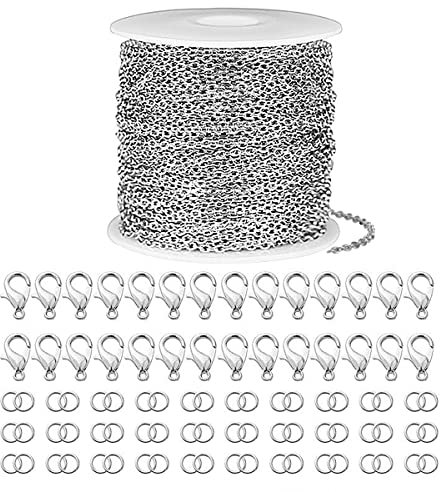 5m Ketten,2.4mm Edelstahl Kabel Kette Silber Halsketten,Basteln Gliederkette,Silber DIY Chain mit 30 Karabinerverschluss und 60 Sprung Ringe,Verdrehte Ketten Panzerketten für DIY Schmuckherstellung