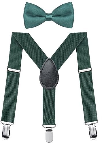 Jungen Hosenträger Fliegen Set, Kinder-Hosenträger mit elastischer Y-Form, verstellbar mit Clips und Fliege für Jungen und Mädchen (Grün)