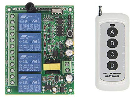 Ricevitore radio a 4 canali AC 230 220 V e trasmettitore a 4 tasti con codice di apprendimento, interruttore a telecomando universale, portata 200 m, per elettrodomestici, lampada motore, porta del