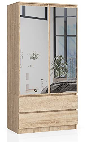 AKORD Kleiderschrank mit Spiegel S 90 cm 2 Türen 2 Schubladen mit Regalen und Einer Kleiderstange für EIN Schlafzimmer Kleiderschränke Schichtstoffplatte 16 mm Farbe Sonoma Oak