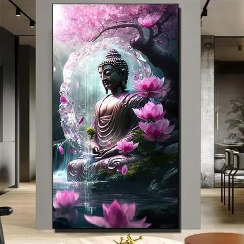 Diamond Painting Set for Adults and Children,Lotus-Buddha Large 5D DIY Full Drill Diamond Painting 40x80cm Round/Square Crystal Rhinestone Embroidery Diamond Art kits for Home Wall Decor Gifts16x32in