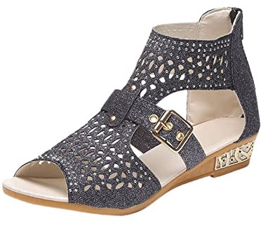 Sandalen Damen Sommer Mit Absatz Strass-Dekor-Glitter Sandalen mit Reißverschluss hinten für Frauen offene Zehenschuhe böhmische Sandalen Hohe Schuhe Mit Absatz