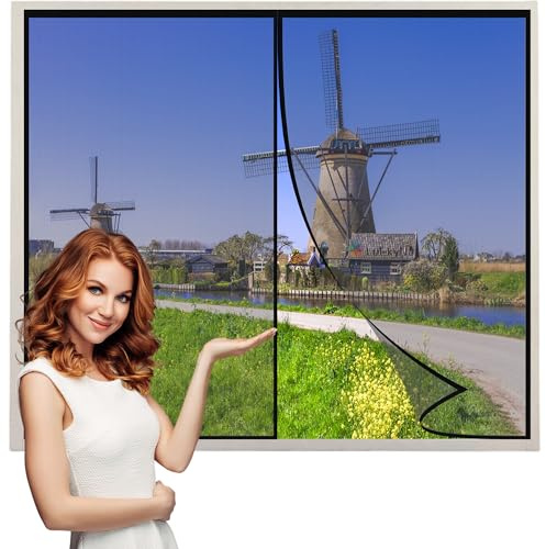 Magnetic Flying Insect Screen Window Black 160x125cm Magnetic Fly Screen for Window Mesh,with with Self-Adhesive Tape Stops Mosquitoes, Flies, Spiders - Without Drilling