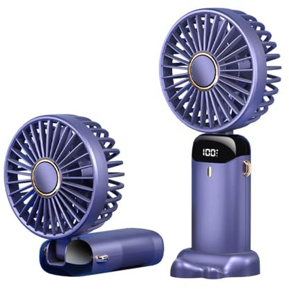 Anncain Portable Handheld Fan,Mini Foldable Desk Fan,USB Rechargeable Fans with 5 Speeds,Battery Operated Mini Handheld Fan with LED Display for Home Office Travel (Blue)