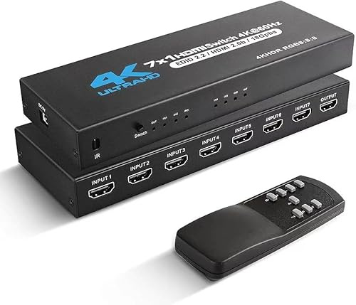 INF HDMI Switch 7x1 mit 4K@60Hz und IR-Fernbedienung, mit verschiedenen HDMI-Geräten einschließlich für Nintendo-Switch, Xbox Series X, PC, Laptops und Blu-ray-Player, Roku