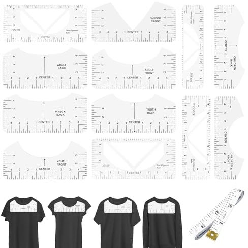 Baxcdyswe 12 Stücke T-Shirt Ausrichtungslineal, Tool Shirt, Weiß Schablonen-Lineal, Sockenlineal Plotten Bügellineal Hitzebeständig, Ausrichtung Lineal und 1.5M Maßband für Erwachsene Kinder Jugend