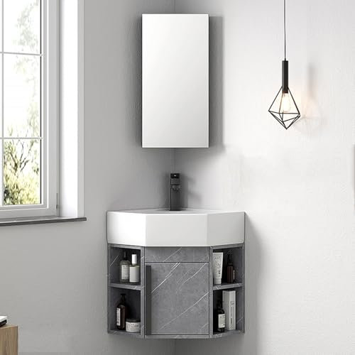 Waschbecken Mit Unterschrank Hängend Badezimmerschrank Mit Spiegel Gäste Wc Waschbecken Mit Unterschrank Eck-Waschtischunterschrank Mit Keramikbecken Und Spiegelschrank, Wandmontiertes Waschtisch-Set(