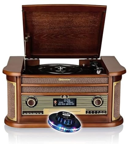 Tourne-Disque Roadstar HIF-1996D+BT - Platine Vinyl 33/45/78, Radio Dab+/FM, CD-MP3, Cassette, Bluetooth, USB, rétro Bois, LED