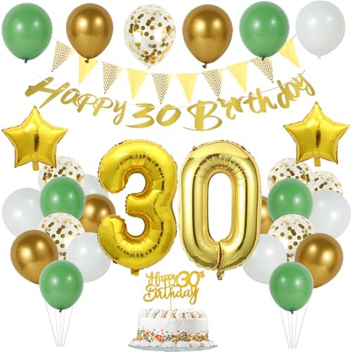 Dekorationen zum 30. Geburtstag für Männer und Frauen, Kuchendekoration zum 30. Geburtstag, Zahl 30, Ballon, Salbeigrün, Weißgold, Geburtstagsballons mit „Happy 30th Birthday“-Banner