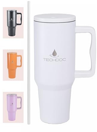 TechDoc 40 oz Insulated Tumbler with Handle & Straw | Stainless Steel Water Bottle | Vacuum Travel Mug | Iced Coffee Cup | Hot & Cold Drinks | Gift for Him & Her | White | 1180ml