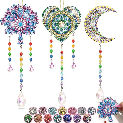 Basteln für Mädchen im Alter von 6 7 8 9 10 Jahren, Geschenkideen und Spielzeug ab 5 6 7 8 Jahren, Diamond Painting Spielzeug ab 5-12 Jahre, Diamant-Punkt-Edelstein Windspiele zum Aufhängen 3Stück