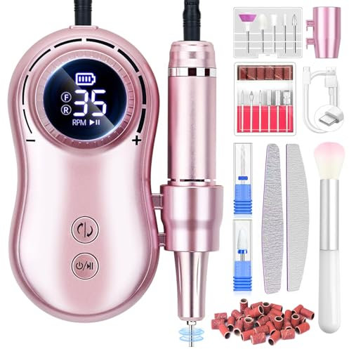 Professional Electric Nail Drill LEDSUUEI: 35000RPM Powerful Electric Nail File Portable Nail Drill with 13 Drill Bits Rechargeable Efile for Acrylic Gel Nails Removing Manicure Pedicure Salon