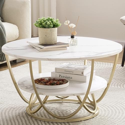 Ulifance 30 Round Coffee Table, 2-Tier Modern Coffee Table with Storage Shelves for Living Room, Wood White Sofa Side Table with Gold Frame