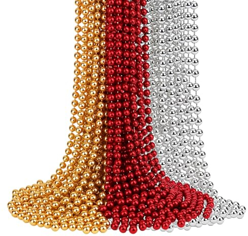 Trimming Shop 24 Feet Hanging Metallic Xmas Bead Decoration Shiny Artificial Tinsel String Pearl Chain Christmas Garland Wreath Tree DIY Art & Craft Home Party Gift Décorations | Gold, Red & Silver