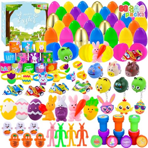 JOLCEEY 60pcs Pre Filled Easter Eggs with Party Favors, Easter Party Bag Fillers Easter Eggs Hunt for Easter Basket Stuffers Prizes Rewards Goodie Loot Bag Fillers