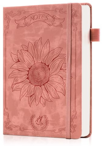 Ovesmusl Sunflower Mädchen-Tagebuch, Leder-Tagebücher für Frauen, Schreiben, 100 g/m², Tagebuch, Geschenk für Mädchen im Alter von 8–12 Jahren, Blumen-Tagebuch mit herzförmigem Schatten, keine Tinte,