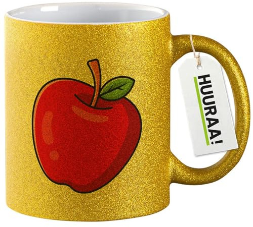 Huuraa Glitzertasse Apfel Comic Geschenk | Motivtasse 330ml Glitzer Tasse mit Spruch Gold Keramik Kaffeebecher Geschenkidee Goldener Glitter Becher mit Motiv