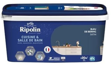 Ripolin - Peinture Intérieure Cuisine et Bain – Murs, Boiseries et Radiateurs - Adapté Pièces Humides - Effet Perlant - Lessivable - Haute Résistance - Bleu De Bering - Satin - 2L