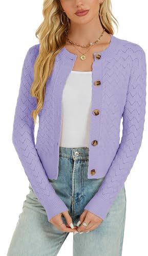 Donna Bolero Uncinetto Maniche Lunghe Chiusura a Bottoni Cardigan Elegante per Primavera Autunno-Viola/S