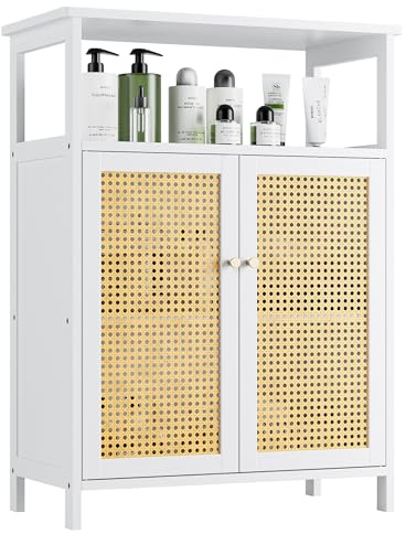 vovala Armario de ratán para Suelo de bambú, Organizador de Almacenamiento de baño, Armario de Cocina de Madera Que Ahorra Espacio, Soporte para Sala de Estar con 2 Puertas y 1 Estante (Blanco)