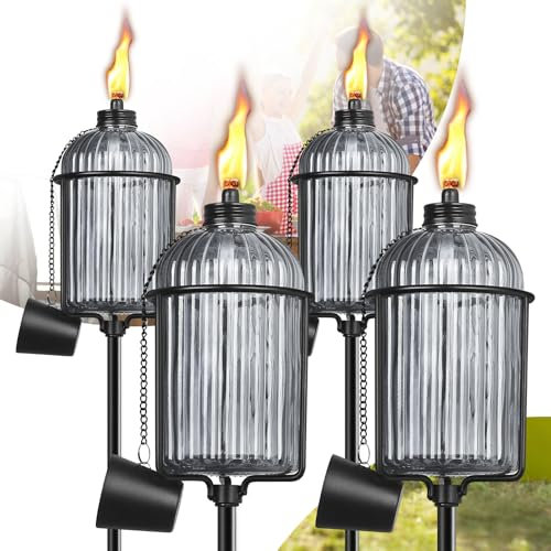 FAN-Torches Gartenfackel aus grauem Glas, bunte Outdoor-Fackel, Gartendekoration, 154 cm, verbesserte Citronella-Fackeln mit 3 Zinken, Erdspieß, Metall-Lichtfackeln für Party, Terrasse, Weg, 4 Stück